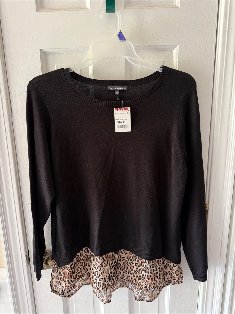 Adrianna Papell Black Crewneck Sweater with Leopard Print Hem